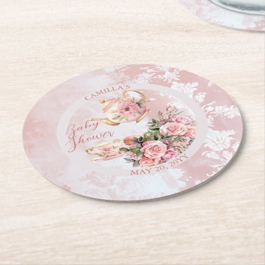 ピンクエレガントフローラハイティーガール赤ちゃんシャワー ラウンドペーパーコースター (アングル)