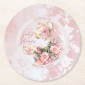 ピンクエレガントフローラハイティーガール赤ちゃんシャワー ラウンドペーパーコースター (正面)