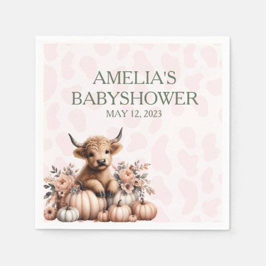 ピンクエレガントフローラハイランド牛の赤ちゃんシャワー スタンダードカクテルナプキン (正面)