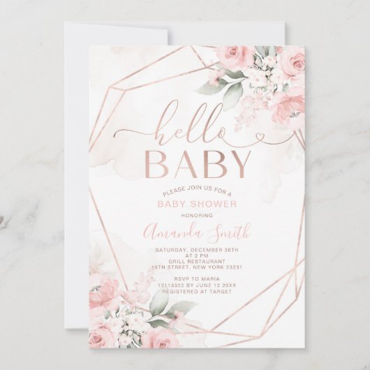 ピンクエレガントフローラハローベビーシャワー 招待状 (正面)