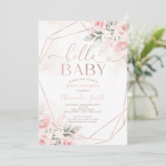 ピンクエレガントフローラハローベビーシャワー 招待状 (スタンド正面)