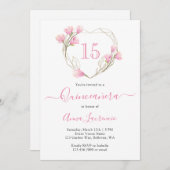 ピンクエレガントフローラハートフレームキンセアニェラ 招待状 (正面/裏面)