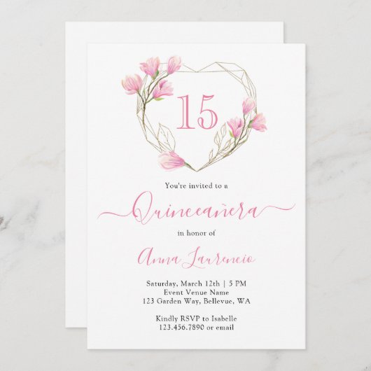 ピンクエレガントフローラハートフレームキンセアニェラ 招待状 (正面/裏面)