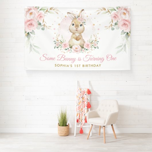 ピンクエレガントフローラバニーラビットガール誕生日 横断幕 (インサイチュ)