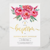 ピンクエレガントフローラバプティスゴールドフォイル招待状 箔招待状 (正面)