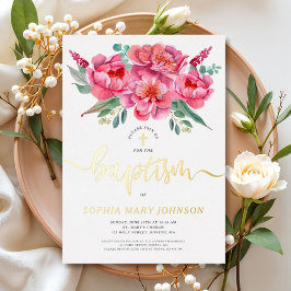 ピンクエレガントフローラバプティスゴールドフォイル招待状 箔招待状