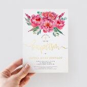 ピンクエレガントフローラバプティスゴールドフォイル招待状 箔招待状