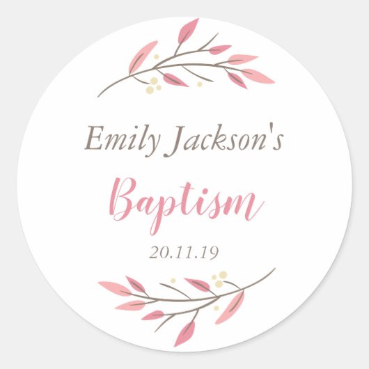 ピンクエレガントフローラバプテスステッカーラベル ラウンドシール (正面)