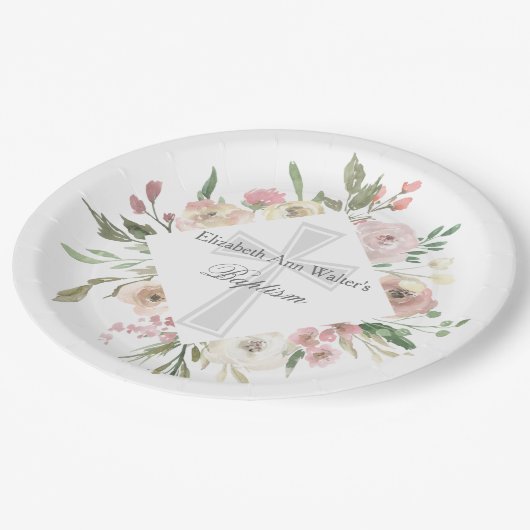 ピンクエレガントフローラバプテスマ宗教カスタムパーティー ペーパープレート (アングル)