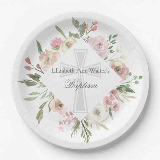 ピンクエレガントフローラバプテスマ宗教カスタムパーティー ペーパープレート (正面)
