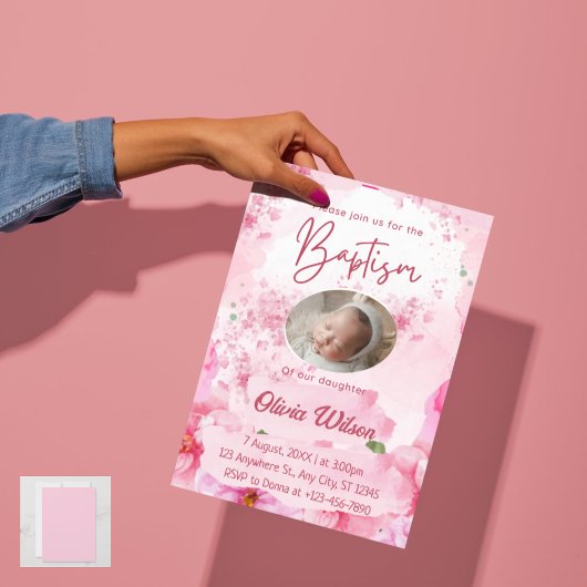 ピンクエレガントフローラバプテスマ招待状forベビー 招待状