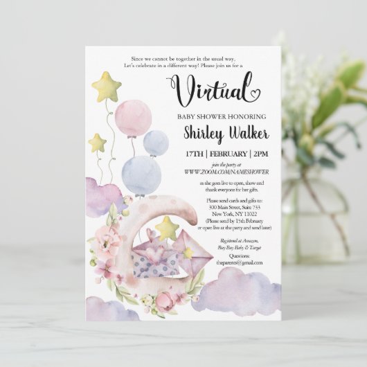 ピンクエレガントフローラバルーン仮想ベビーシャワー 招待状 (スタンド正面)
