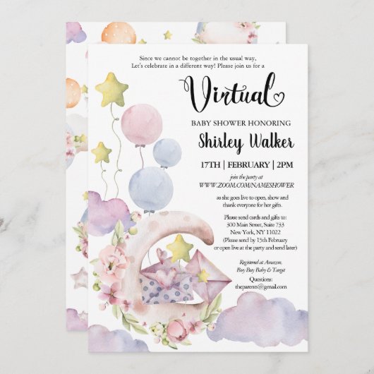 ピンクエレガントフローラバルーン仮想ベビーシャワー 招待状 (正面/裏面)
