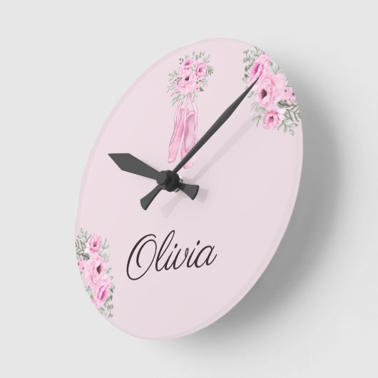 ピンクエレガントフローラバレリパーソナライズされたナ名 ラウンド壁時計 (傾斜)