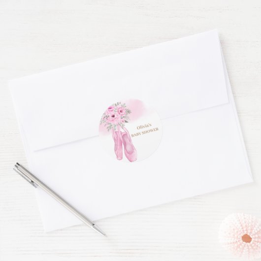 ピンクエレガントフローラバレリーナシューズベビーシャワー ラウンドシール (封筒)