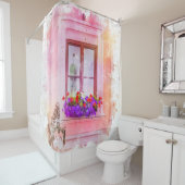 ピンクエレガントフローラファインアート水彩窓ボックス シャワーカーテン (インサイチュ)