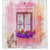 ピンクエレガントフローラファインアート水彩窓ボックス シャワーカーテン (正面)