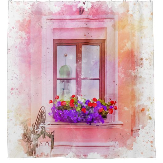 ピンクエレガントフローラファインアート水彩窓ボックス シャワーカーテン (正面)