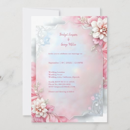 ピンクエレガントフローラフレームソフトパステルグロー結婚ズ 招待状 (正面)
