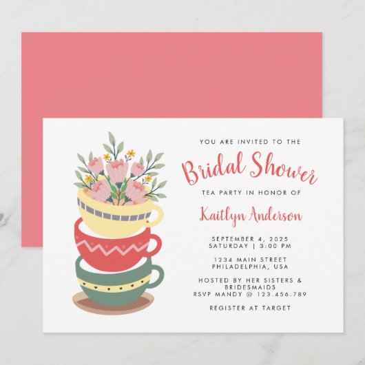 ピンクエレガントフローラブライダルシャワーティーパーティー 招待状 (正面/裏面)