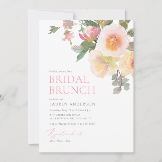 ピンクエレガントフローラブライダルシャワーブランチ 招待状 (正面)