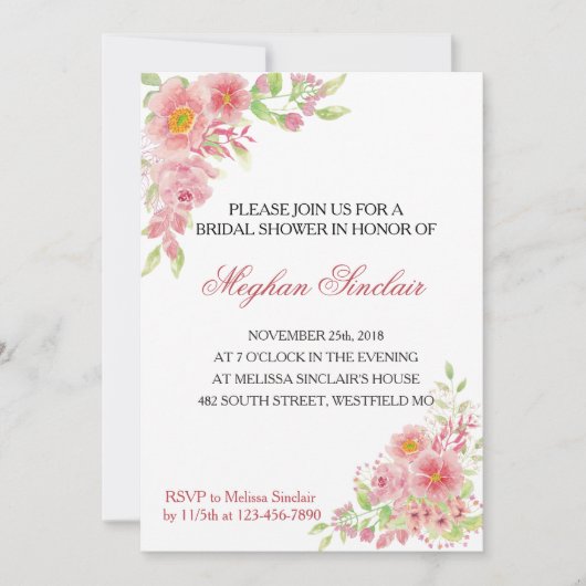 ピンクエレガントフローラブライダルシャワー招待状 招待状 (正面)
