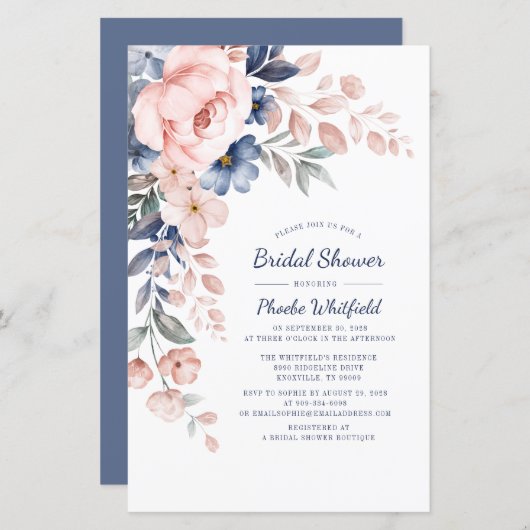 ピンクエレガントフローラブライダルシャワー招待 (正面/裏面)