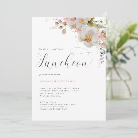 ピンクエレガントフローラブライダルシャワー昼食会 招待状 (スタンド正面)