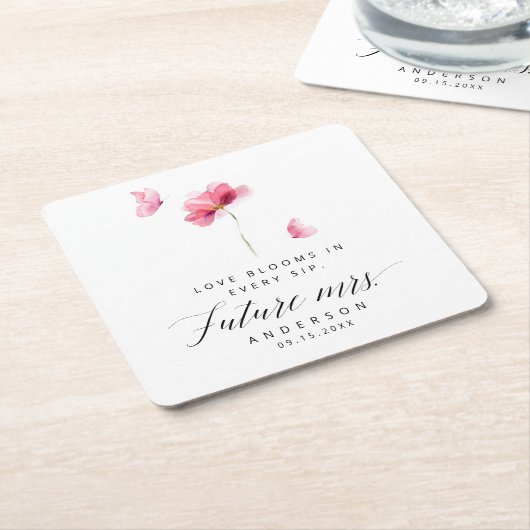 ピンクエレガントフローラブライダルシャワー スクエアペーパーコースター (アングル)