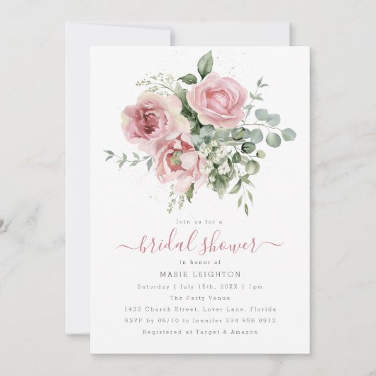 ピンクエレガントフローラブライダルシャワー 招待状 (正面)