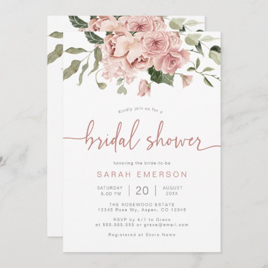 ピンクエレガントフローラブライダルシャワー 招待状 (正面/裏面)