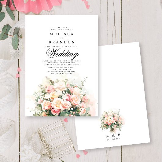 ピンクエレガントフローラブーケモノグラム結婚ズ 招待状