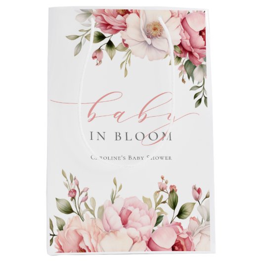 ピンクエレガントフローラベビーイン開花ガールベビーシャワー ミディアムペーパーバッグ (正面)