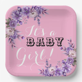 ピンクエレガントフローラベビーガールシャワーパーティースクエア ペーパープレート