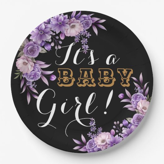 ピンクエレガントフローラベビーガールシャワーパーティー ペーパープレート (正面)