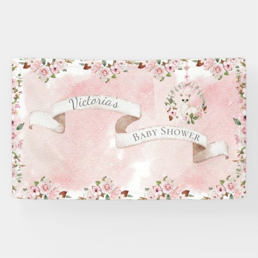 ピンクエレガントフローラベビーガール赤ちゃんシャワー 横断幕 (横)