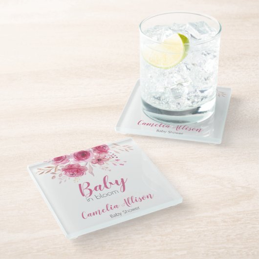 ピンクエレガントフローラベビーシャワーコースター ガラスコースター (アングル)