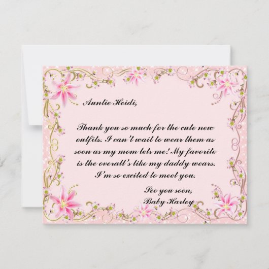 ピンクエレガントフローラベビーシャワーサンキューカード 招待状 (正面)