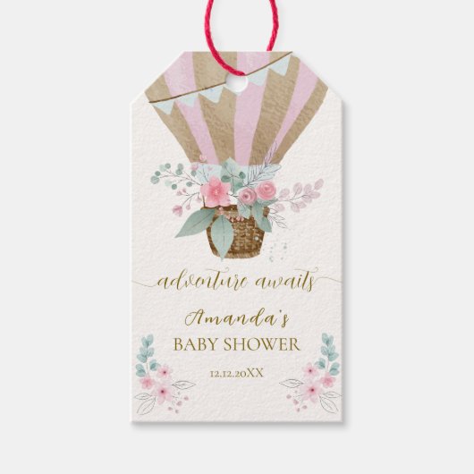 ピンクエレガントフローラホットエアバルーン赤ちゃんシャワー ギフトタグ (正面)