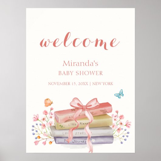 ピンクエレガントフローラボウブックベビーシャワーへようこそ ポスター (正面)