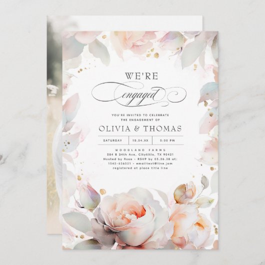 ピンクエレガントフローラボー婚約パーティ写真 招待状 (正面/裏面)