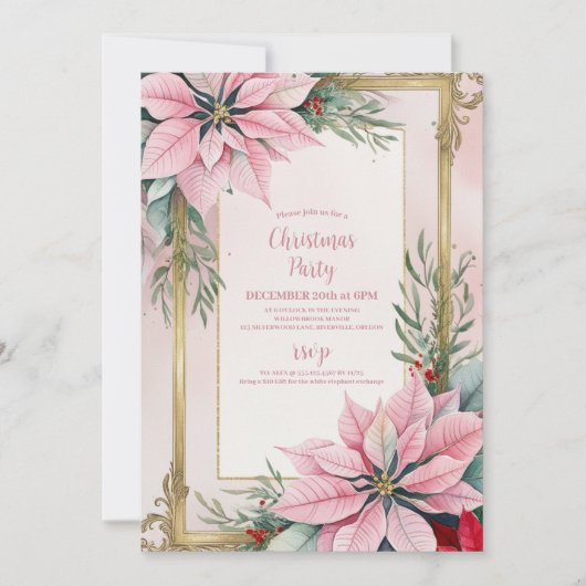 ピンクエレガントフローラポインセチアパーティーinv 招待状 (正面)