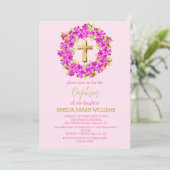 ピンクエレガントフローラポットクロスベビーガールバプテスマ 招待状 (スタンド正面)