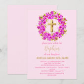 ピンクエレガントフローラポットクロスベビーガールバプテスマ 招待状 (正面/裏面)