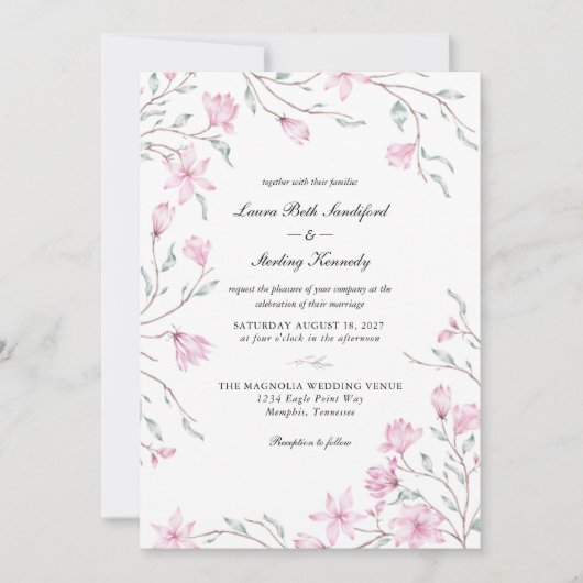 ピンクエレガントフローラマグノリア結婚式招待状 招待状 (正面)