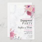 ピンクエレガントフローラマーブル婚約パーティ 招待状 (正面/裏面)