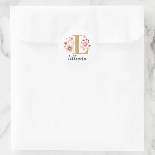 ピンクエレガントフローラモノグラムイニシャル金ゴールド文字L ラウンドシール (バッグ)