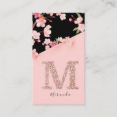 ピンクエレガントフローラモノグラムイニシャル金ゴールド文字M 名刺 (正面)