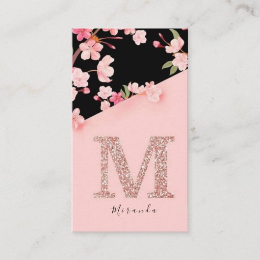 ピンクエレガントフローラモノグラムイニシャル金ゴールド文字M 名刺 (正面)