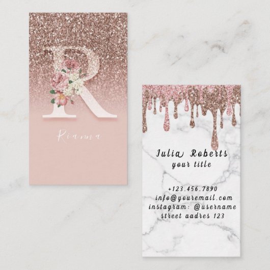 ピンクエレガントフローラモノグラムイニシャル金ゴールド文字R 名刺 (正面/裏面)